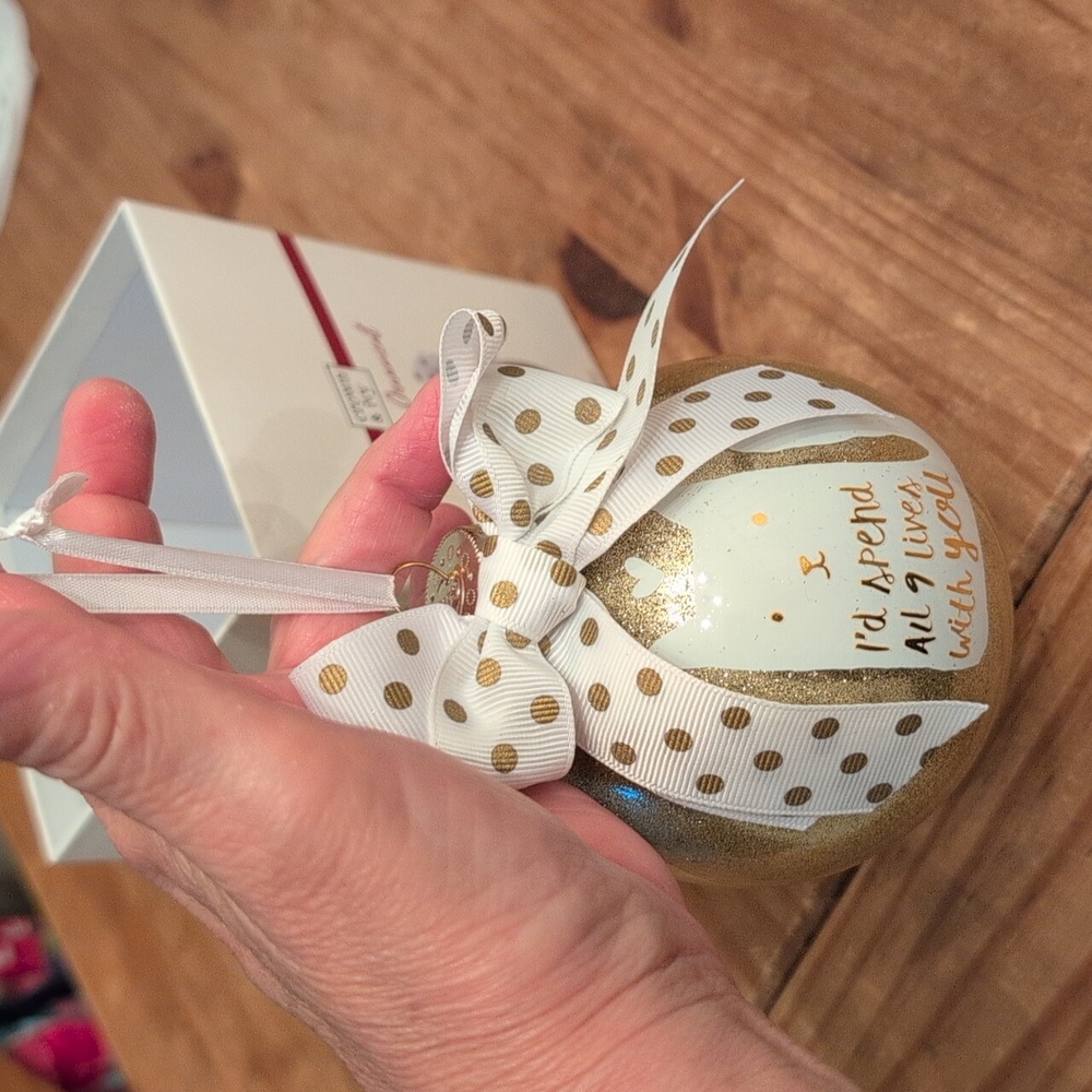 NIB Crown & Ivy 4" Glass Glitter Gold Tone Cat Ornament "I'd Spend All 9 Lives."